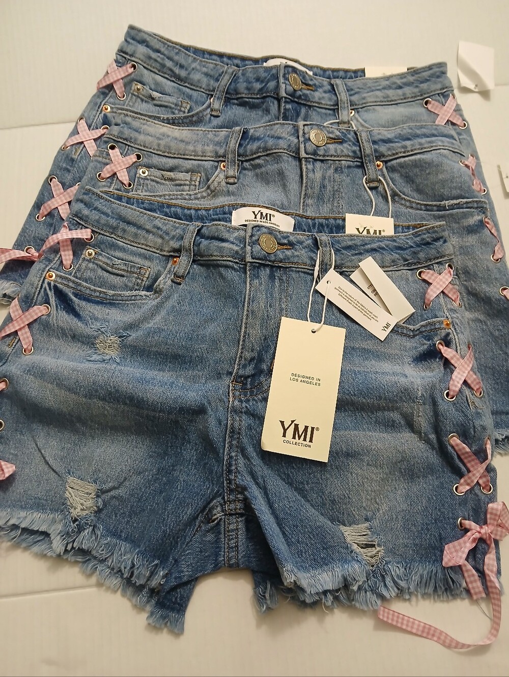 YMI 98% Cotton Light Blue Denim Shorts with Pink Gingham Lace-Up $18 - Picture 11 of 12